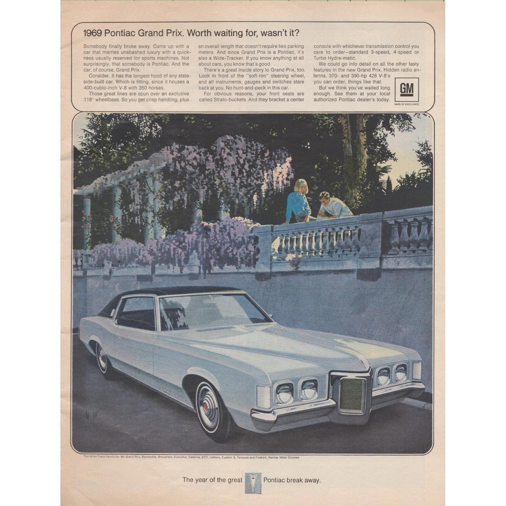 1969 Pontiac Grand Prix Coupe Vintage Print Ad Luxury Car Retro Garage Man Decor